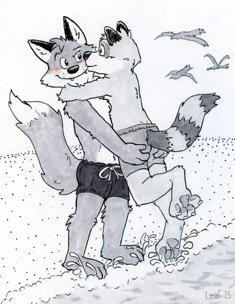 Colin the fox and Aiden the raccoon at the ocean shoreline. Aiden jumps into Colin's arms to give him a kiss on the cheek. Colin supports Aiden, holding him by the rear. A gentle ocean wave laps at their toes. Colin's blushing a little. 