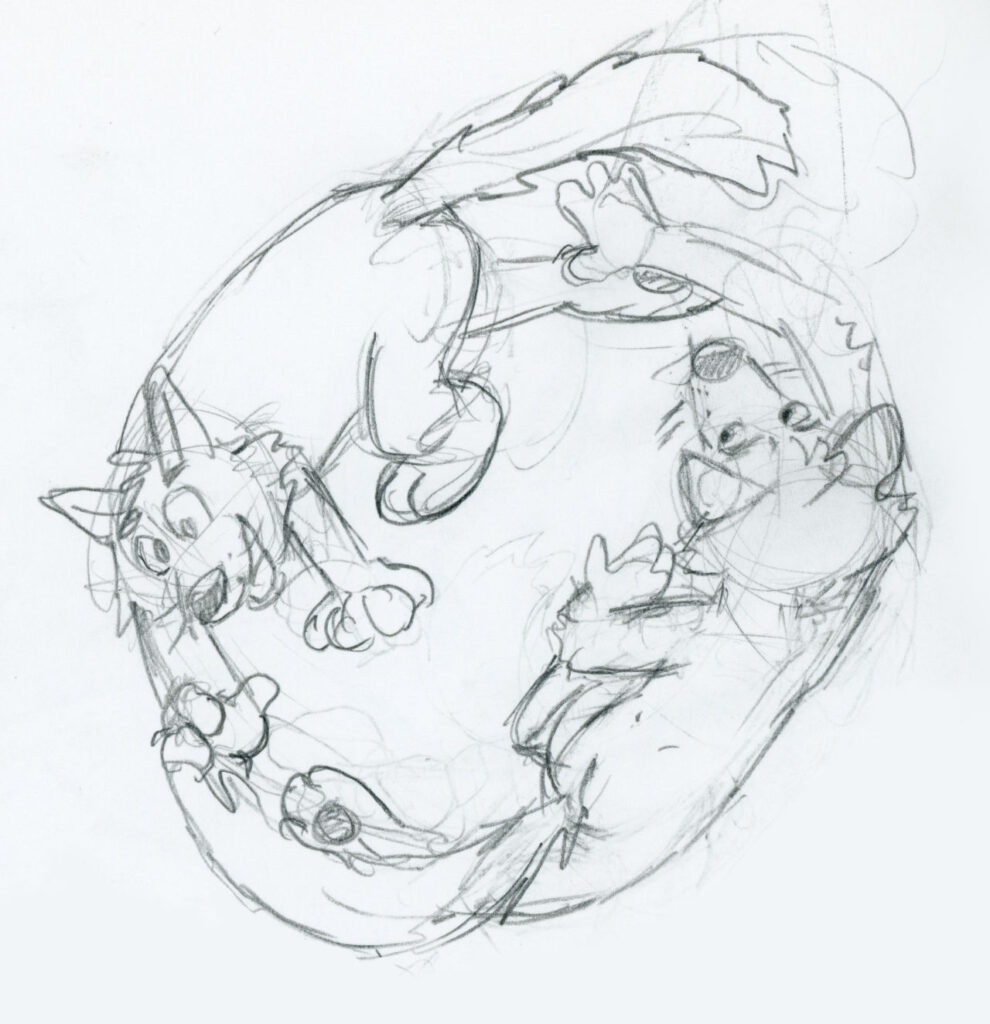 Black and white drawing of 2 foxes chasing each other's tails.