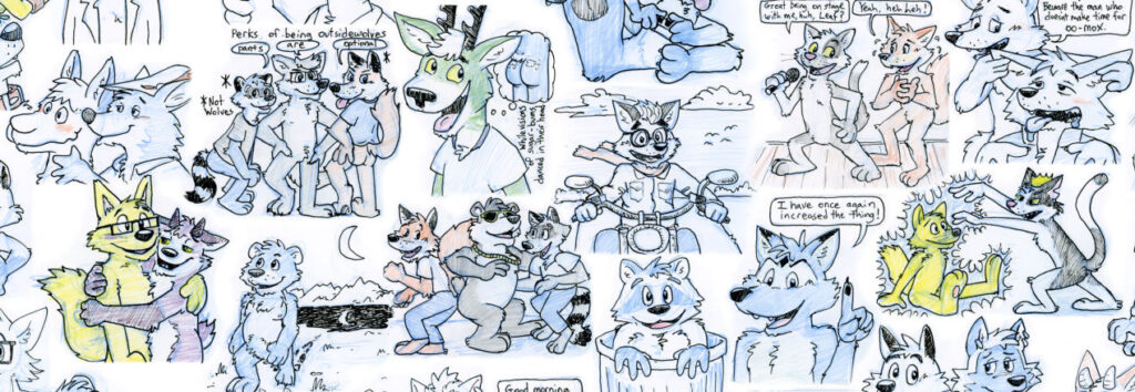 A small section of a larger set of inked drawings that were sent as holiday cards. Some are colored. The drawings are of various characters and scenes depending on the recipient of the card.
