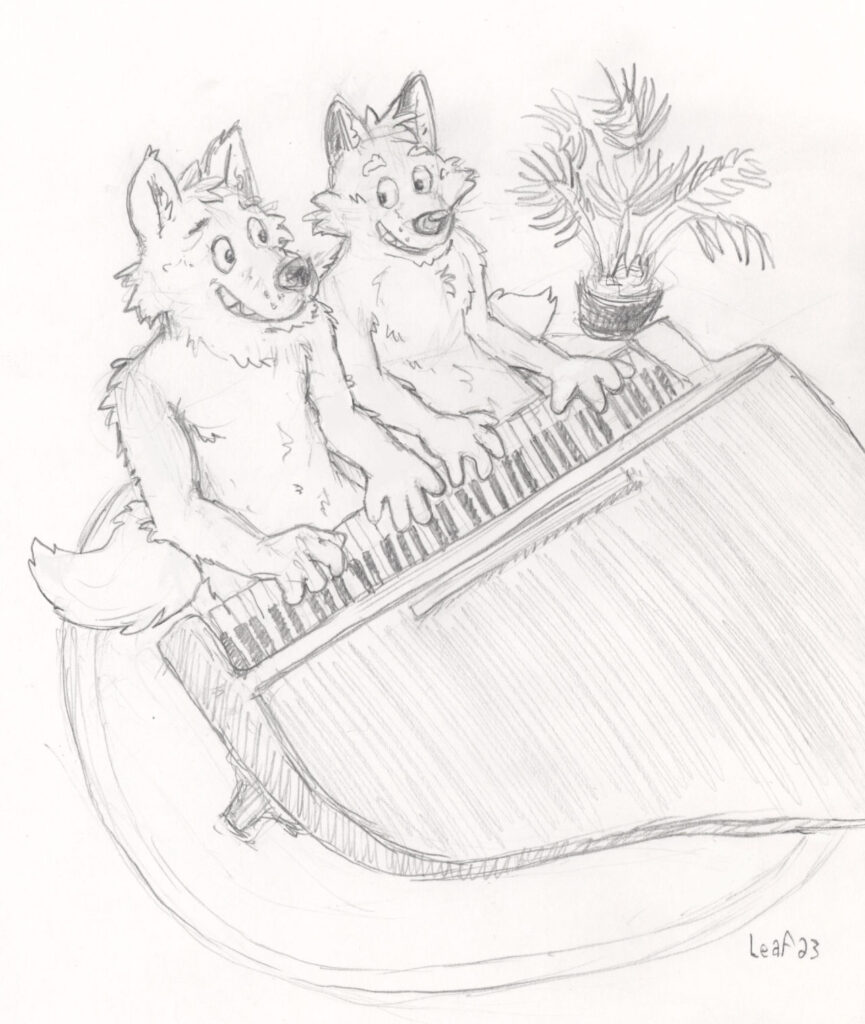 Drawing of a fox and a wolf playing a duet on a grand piano.