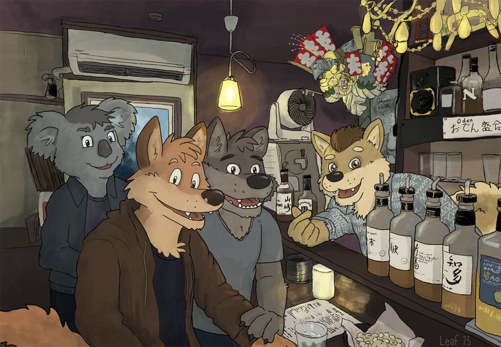 4 figures in a Japanese bar scene: koala, fox, wolf, and shiba inu dog. Bottles and knickknacks abound the small bar.